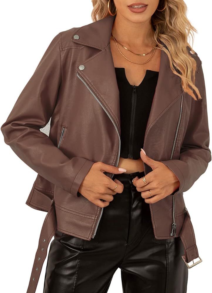 Bellivera Women Faux Leather Short Motorcycle Jacket, Fall and Winter Fashion Belt Moto Biker Cas... | Amazon (US)
