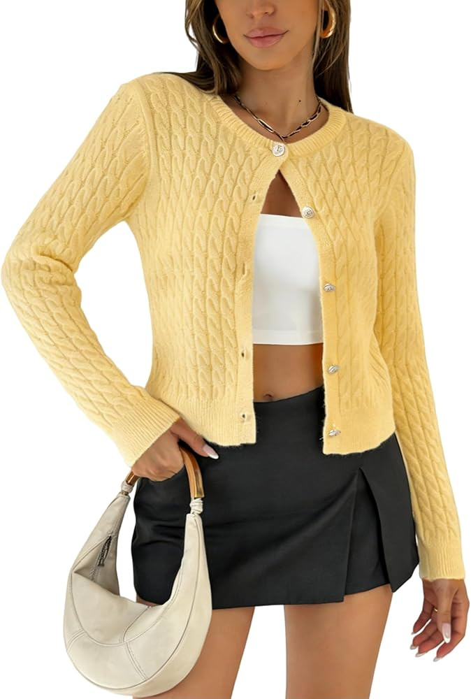 Women Cable Knit Cropped Cardigan Long Sleeve Botton Up Lightweight Soft Sweater 2026 Fall Winter... | Amazon (US)