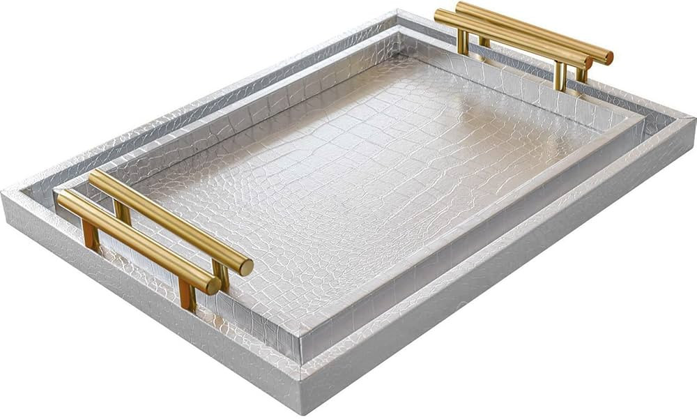 MACVAD Set of 2 Modern Elegant Large Wood Serving Tray, Silver Crocodile Leather with Gold Polish... | Amazon (US)