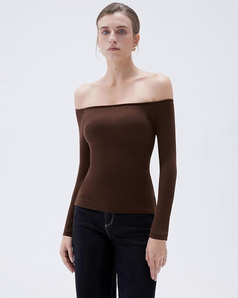 SUUKSESS Women Padded Off The Shoulder Tops Ribbed Long Sleeve Shirts Fall Basic | Amazon (US)