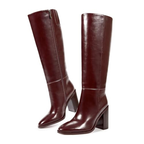 ISNOM Knee High Burgundy Tall Boots for Women - Pointed Toe Chunky Heel Long Boots with Side Zipper - Size 6.5 | Amazon (US)
