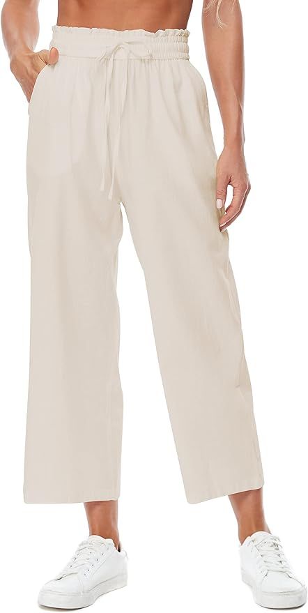 Womens Linen Wide Leg Pants High Waisted Drawstring Baggy Loose Beach Trousers with Pockets | Amazon (US)
