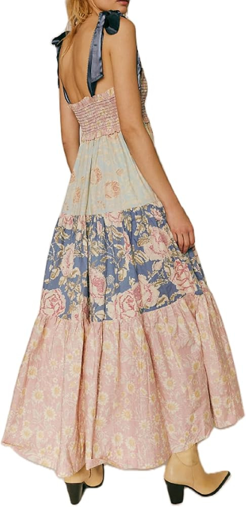 Women\u2019s Tie Shoulder Floral Boho Maxi Dress Sleeveless Flowy Tiered A Line Long Sundress Goi... | Amazon (US)