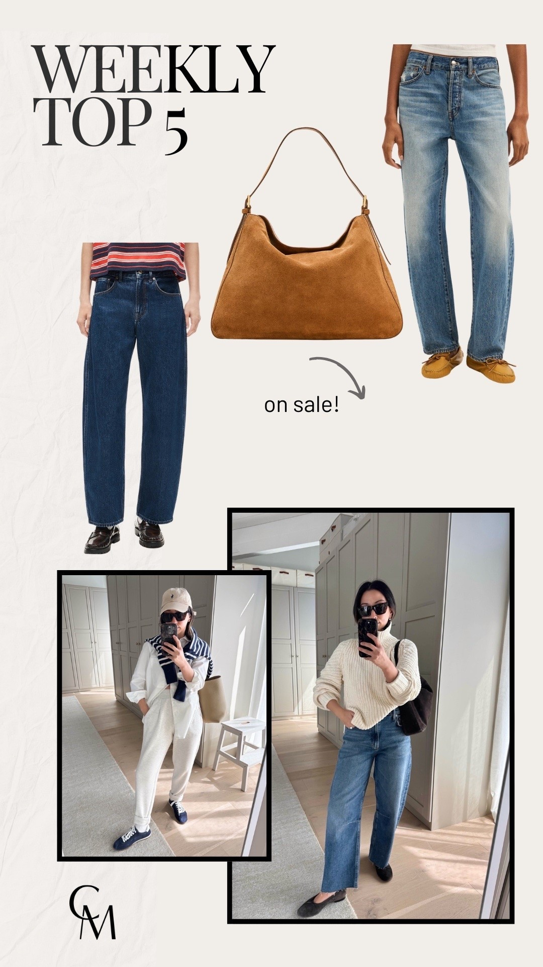 weekly bestsellers

AYR deep end shirt xs
Banana Republic sweater xs
J.Crew zoe barrel jeans 26 regular. Cut hems. Sized up so the rise would fit better. 
J.Crew suede bag
Madewell barrel jeans petite 25