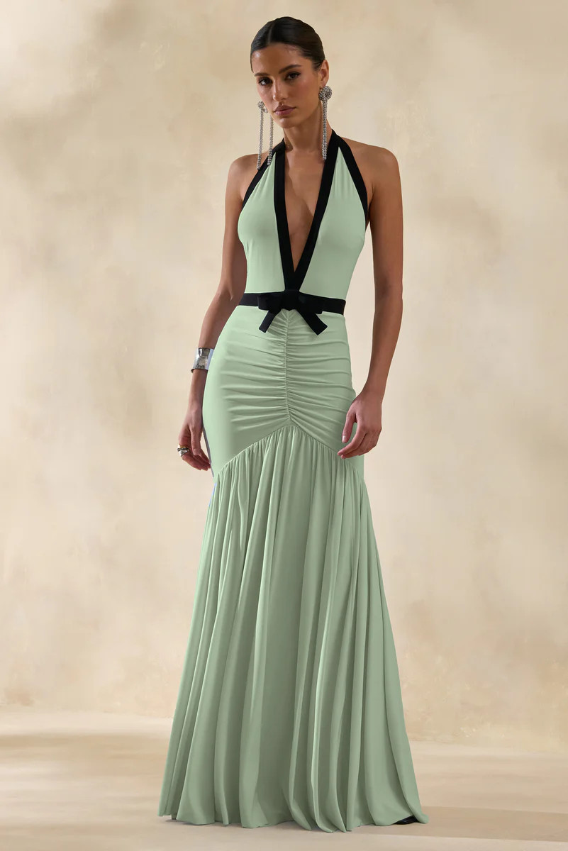 Cosmina  Mint Plunge-Neck Maxi Dress With Bow-Detail | Club L London