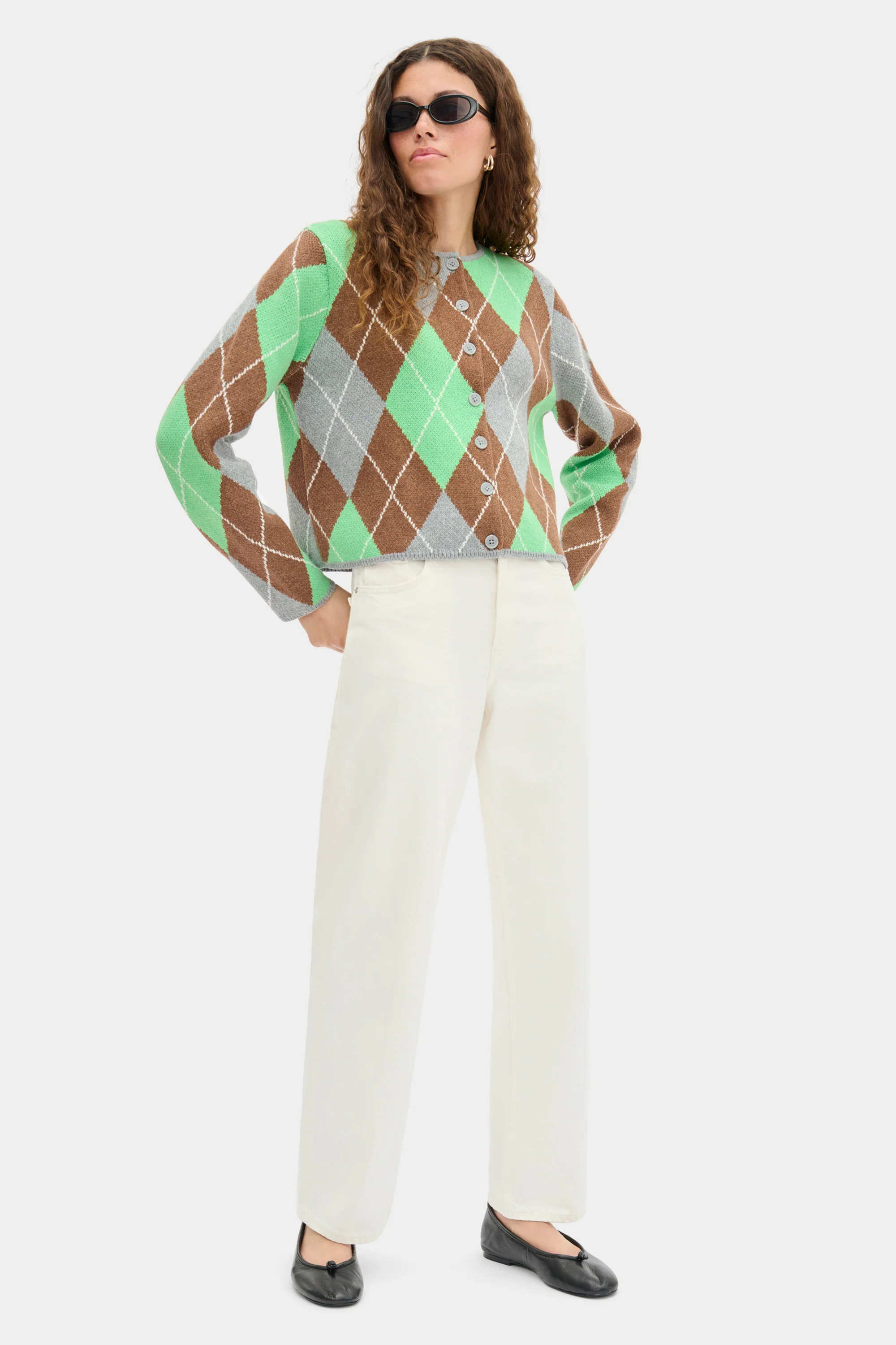 Aggie Argyle Cardigan, GREEN MIX / L | ALIGNE UK & EU