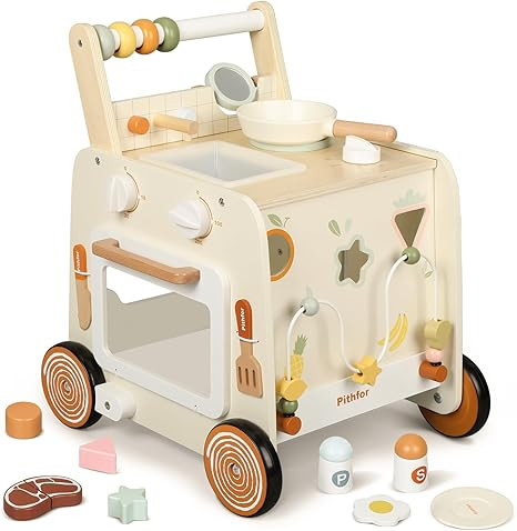 Wooden Baby Walker, 3-in-1 Baby Push Walker, with Pretend Kitchen, Montessori Sensory Activity Ce... | Amazon (US)