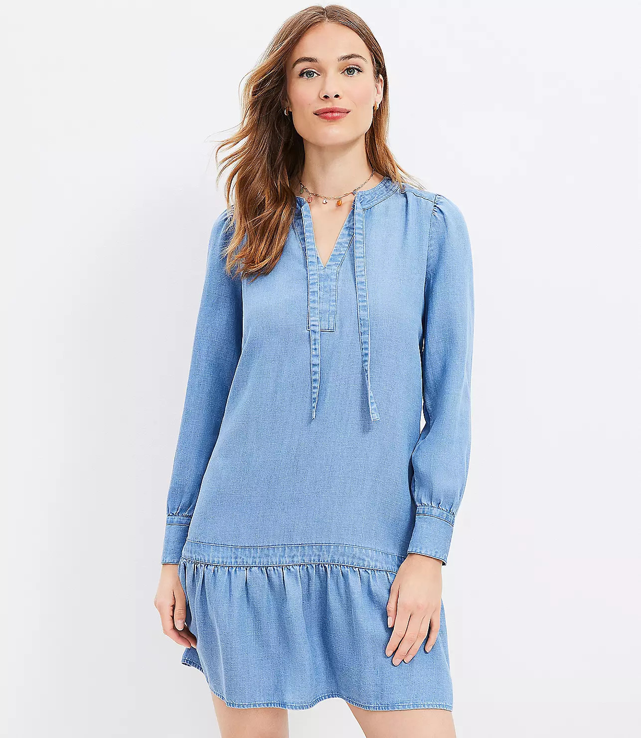 Chambray Tie Neck Flounce Swing Dress | LOFT