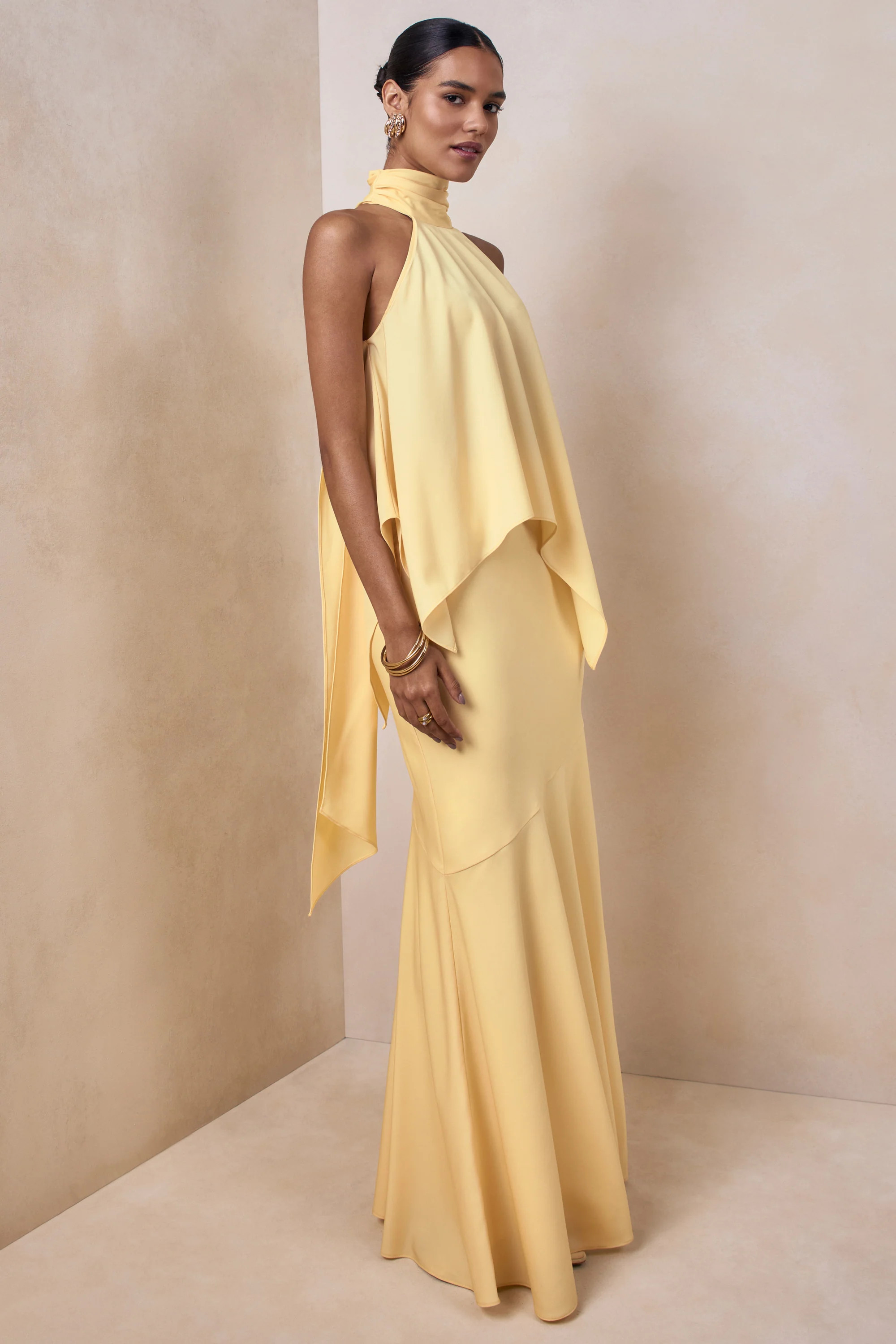 Vayla | Lemon Satin Asymmetric Drop-Waist Maxi Skirt | Club L London
