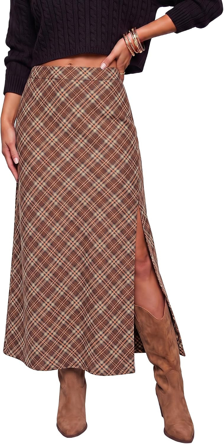 luvamia Plaid Maxi Skirts for Women Trendy A-Line Long Skirt with Side Slit | Amazon (US)