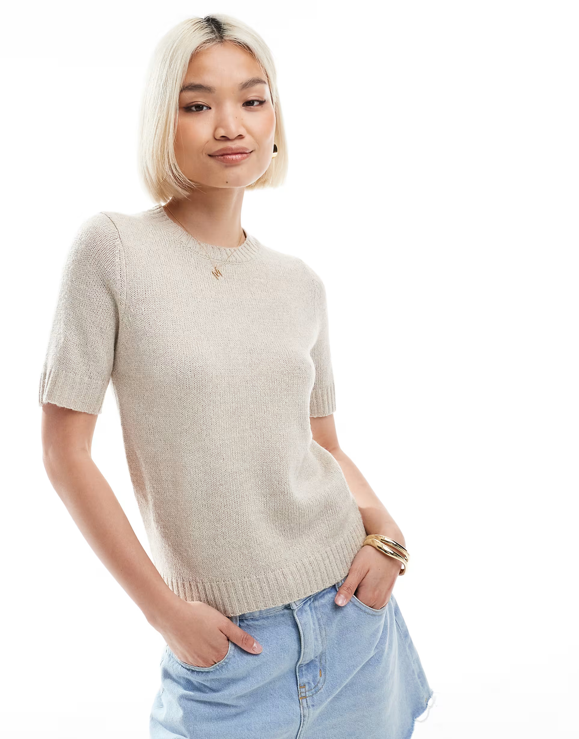 Threadbare short sleeve knitted jumper in stone | ASOS (Global)