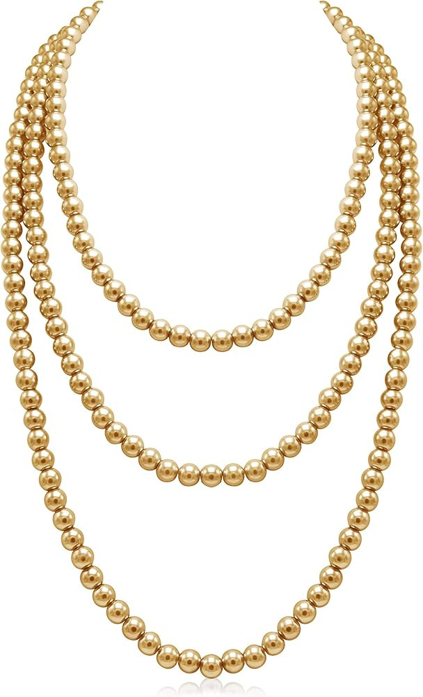 Long Pearl Necklaces for Women Cream White Faux Pearl Strand Layered Necklace Costume Jewelry | Amazon (US)