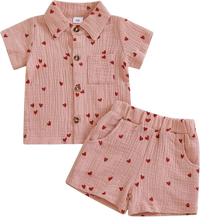 Lesimsam Toddler Baby Boy Valentine's Day Outfit Heart Print Cotton Linen Button Down Short Sleev... | Amazon (US)