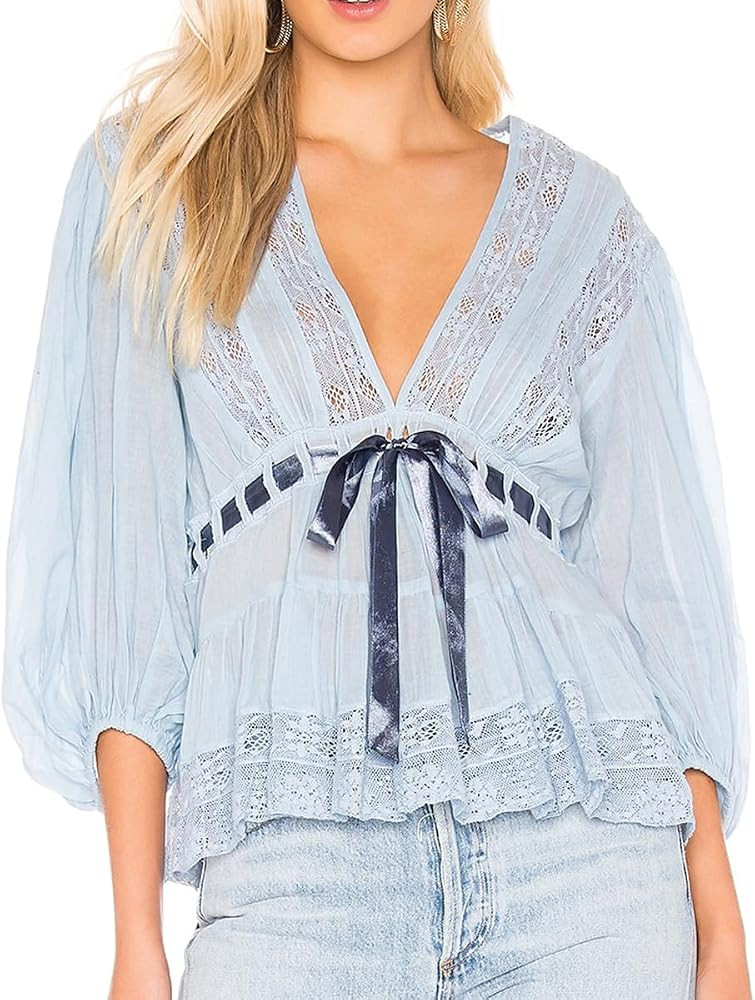 Women Boho Lace Tie Front Top Sheer V Neck Puff Sleeve Flowy Shirt Coquette Aesthetic Chiffon Pep... | Amazon (US)