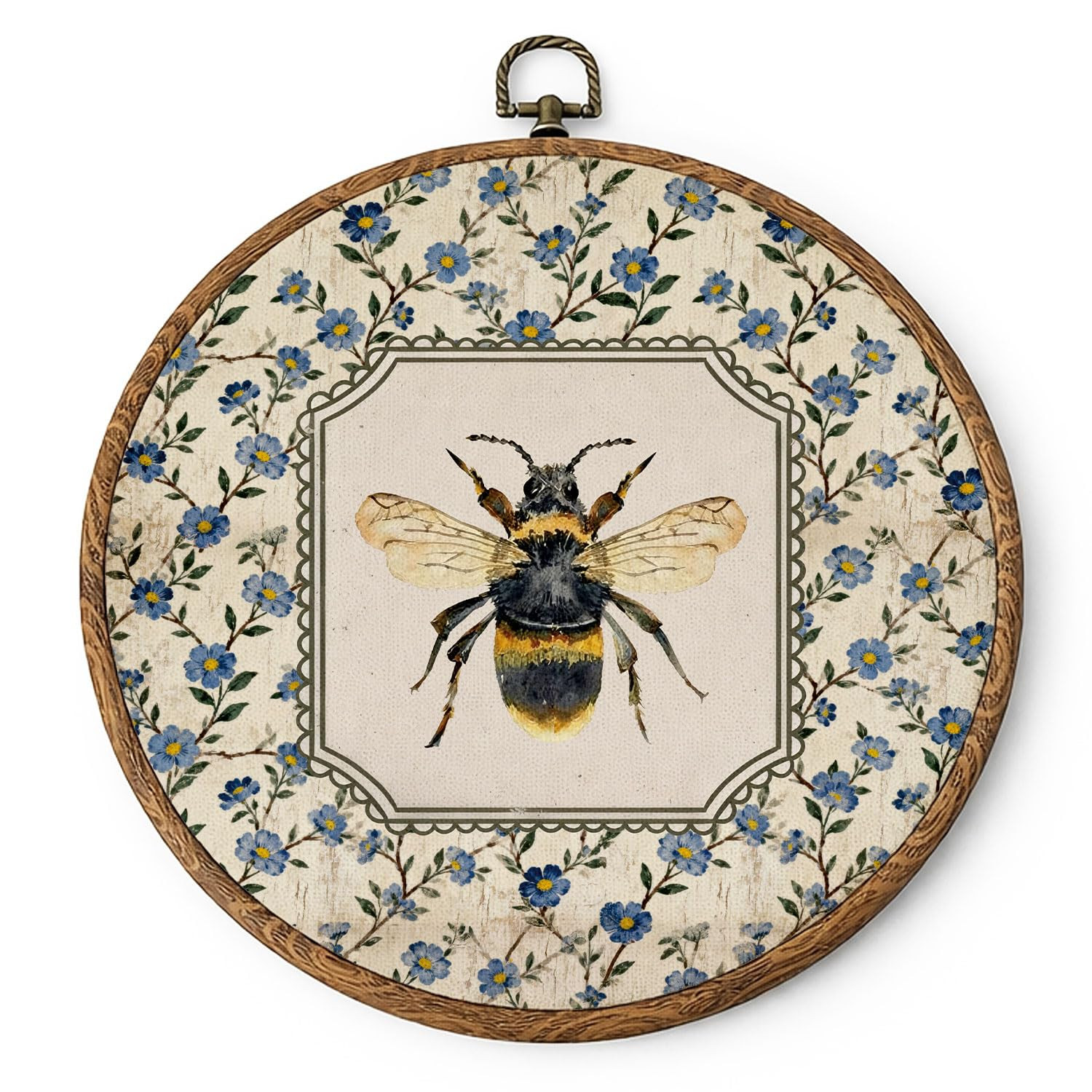 TranquilityTrove Vintage Blue Floral Bee Round Wall Art Decor 10x10in, Cottagecore Rustic Flower ... | Amazon (US)