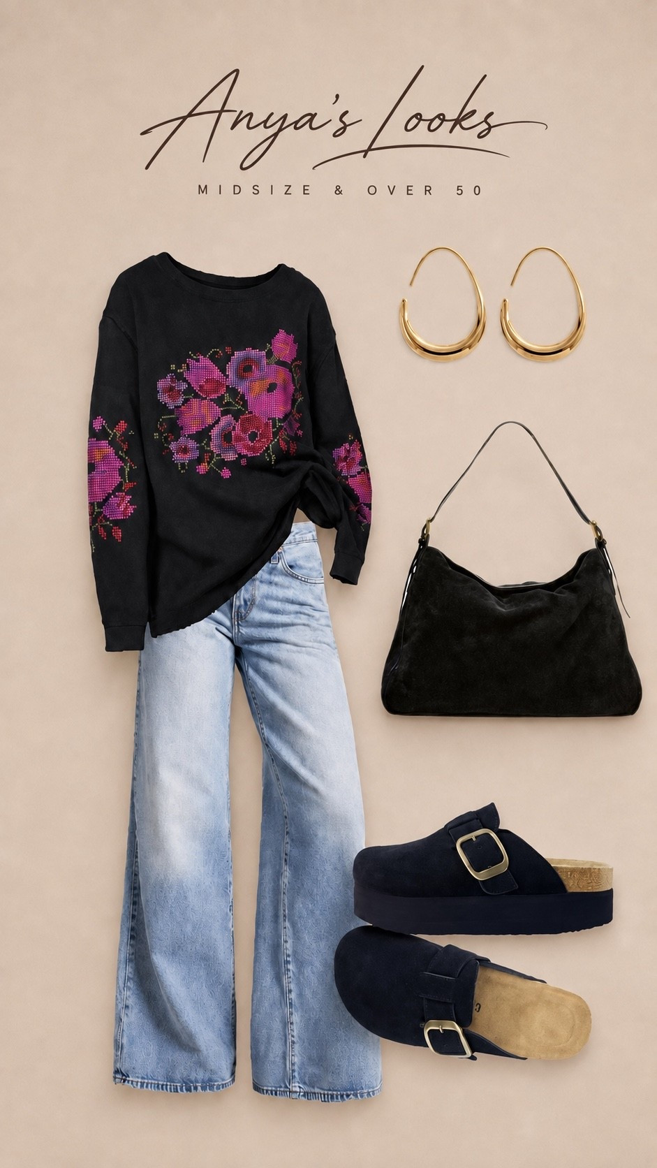 Floral Sweater & Wide-Leg Jeans

A feminine casual outfit with a little edge! The colorful floral sweater adds a beautiful statement to relaxed wide-leg jeans, while the black shoulder bag and platform clogs keep the look modern and comfortable. Finished with simple gold hoops for an easy everyday outfit that transitions perfectly into fall.
Quince jeans jeans on sale platform clogs
