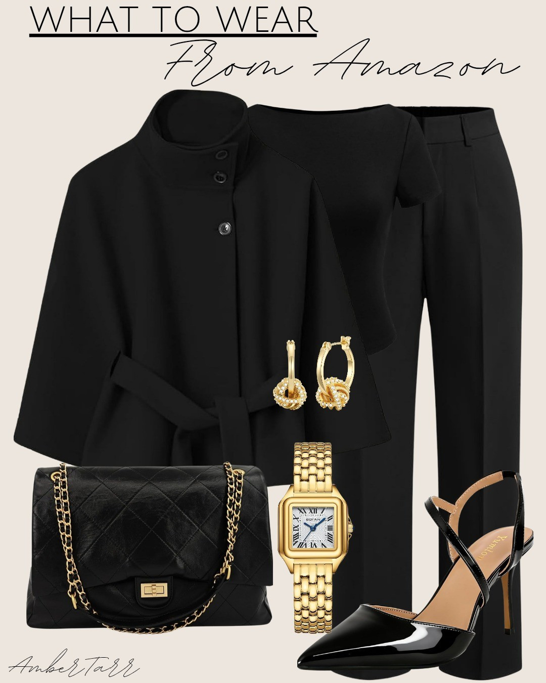 Classic all-black outfit featuring a tailored coat, sleek short-sleeve top, and wide-leg trousers for an elevated, timeless look. Styled with gold statement earrings, a quilted chain bag, a square gold watch, and patent slingback heels—perfect for a winter date night, dinner plans, or an elevated evening look.

#LTKootd #LTKOver40 #LTKmomlife