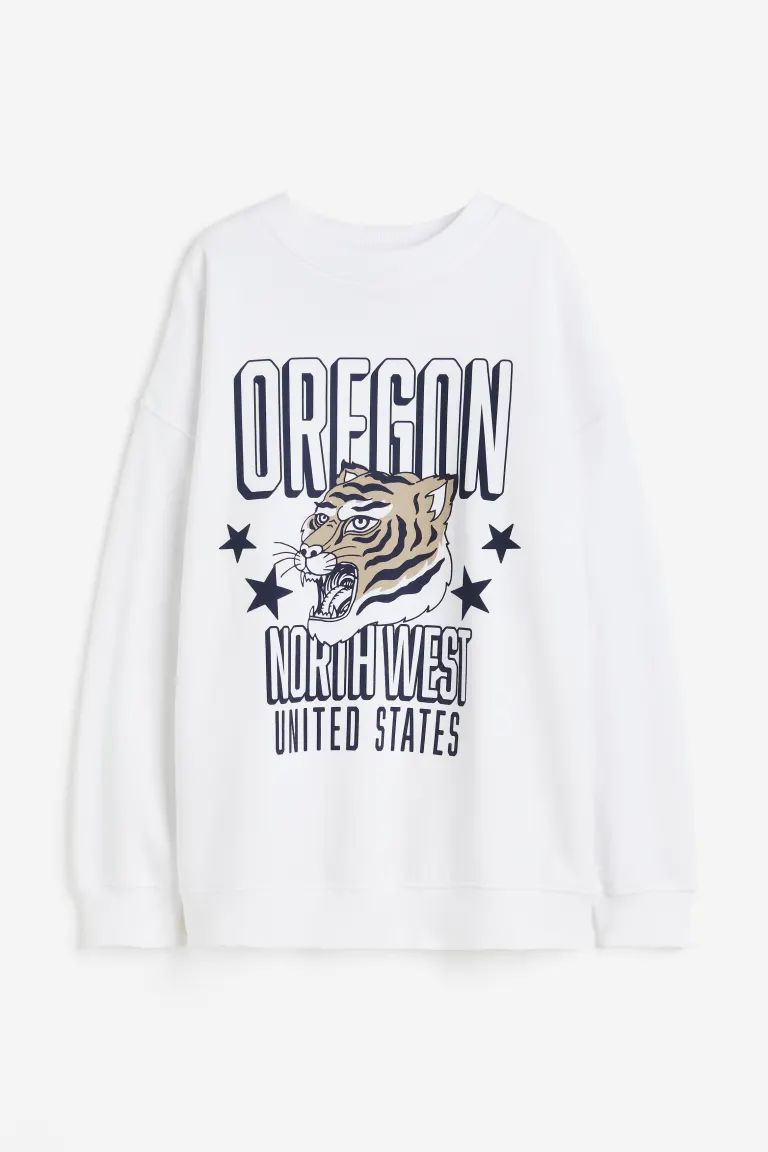 Oversized Sweatshirt with Motif - White/Oregon - Ladies | H&M US | H&M (US + CA)