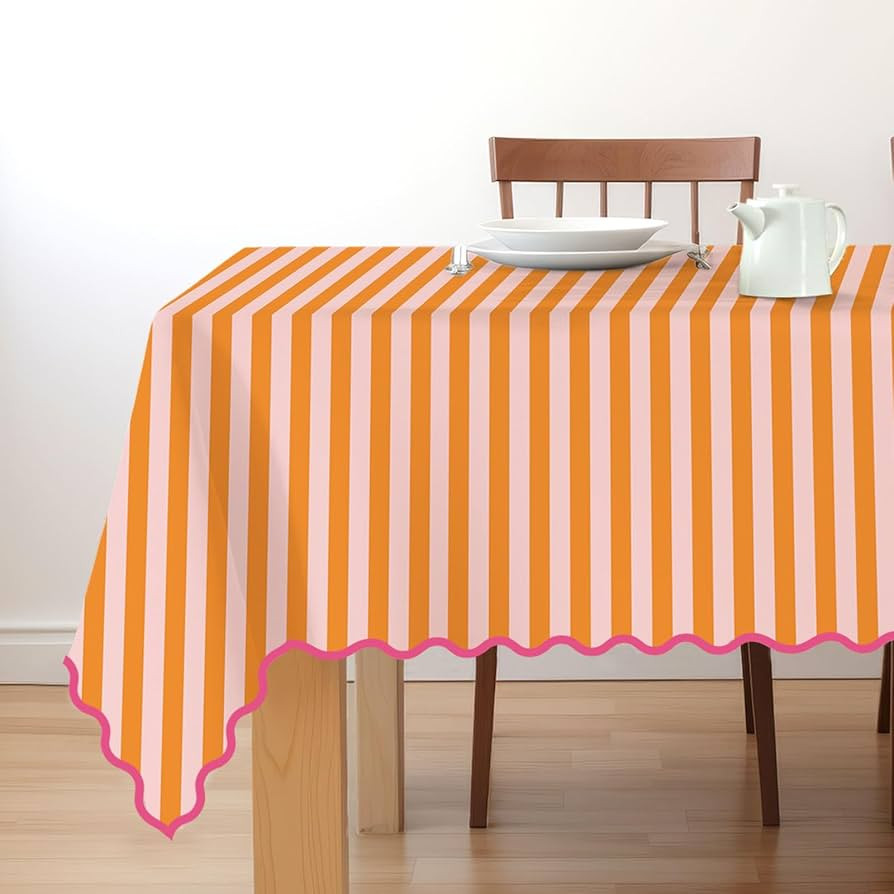 Whaline Scalloped Edge Orange Pink Striped Tablecloth Waterproof Fabric Tablecloth Rectangle Tabl... | Amazon (US)