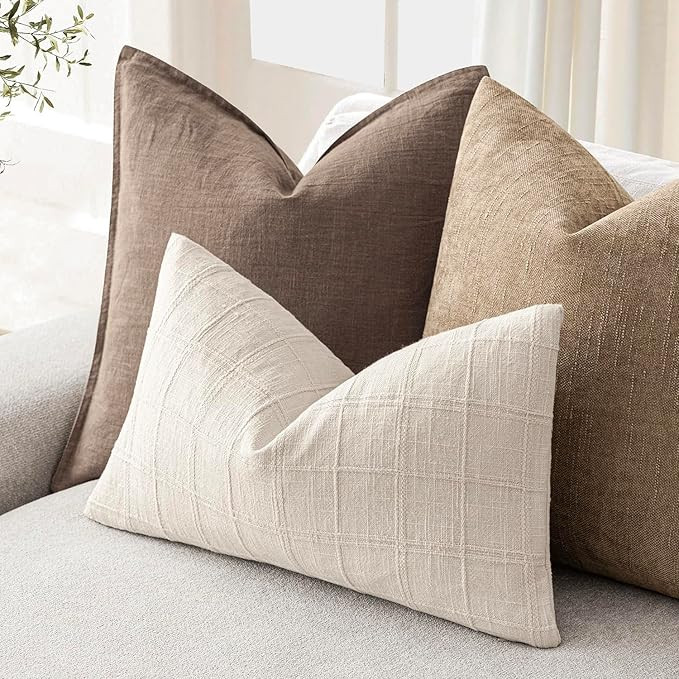 Foindtower Set of 2 Decorative Linen Check Throw Pillow Covers Neutral Farmhouse Lumbar Cushion C... | Amazon (US)