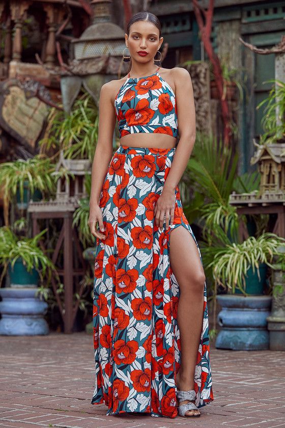 Back to Your Roots Red Floral Print Two-Piece Maxi Dress | Lulus (US)