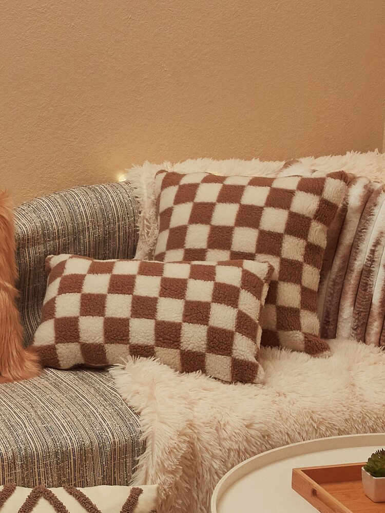 1pc Checkered Pattern Fluffy Cushion Cover Without Filler, Modern Throw Pillow Cover, Pillow Inse... | SHEIN