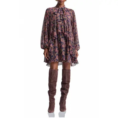 Avec Les Filles Paisley Print Long Sleeve Chiffon Tie Neck Dress in Navy Paisley Garden at Nordstrom, Size 14 | Nordstrom
