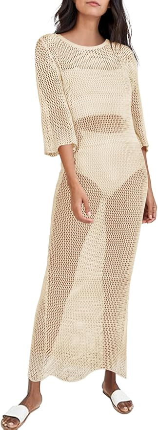 Women's Crochet Cover Ups for Bikini Swimsuit Half Sleeve Bathing Suit Rainbow Swimwear Long Beac... | Amazon (US)