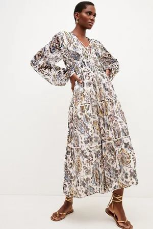 Paisley Metallic Bead Detail Woven Maxi Dress | Karen Millen US
