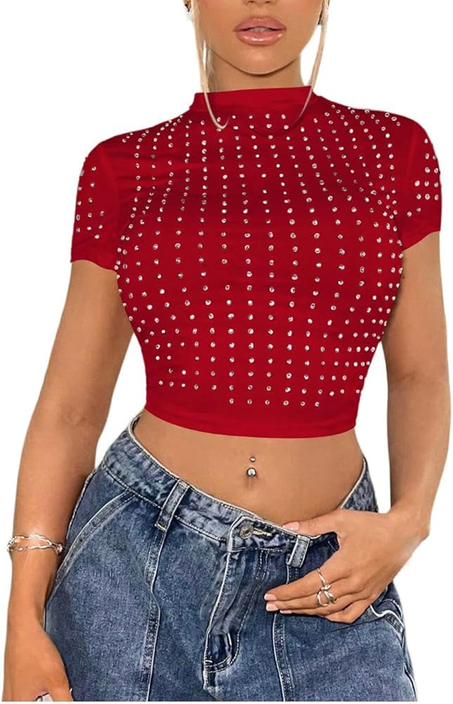 WDIRARA Women's Y2k Rhinestone Crop Tops Mock Neck Short Sleeve Slim Fit Tee Shirt | Amazon (US)