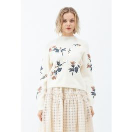 Digital Floral Print Embroidered Knit Sweater in Cream | Chicwish