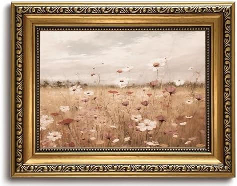 LHHJDIO Vintage Gold Framed Wall Art Rustic Spring Wildflower Canvas Art Landscape Field Flower M... | Amazon (US)