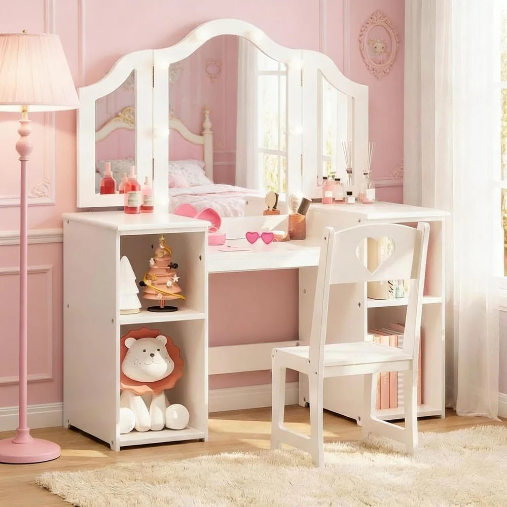 Kids Vanity Table Girls 2 in 1 Princess Makeup Desk with Touch Light Detachable Tri Folding Mirro... | Bed Bath & Beyond