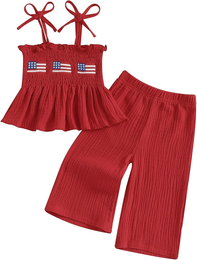 Kayotuas 4th of July Toddler Girl Outfit USA Smocked Spaghetti Strap Tank Top Dress Wide Leg Pant... | Amazon (US)
