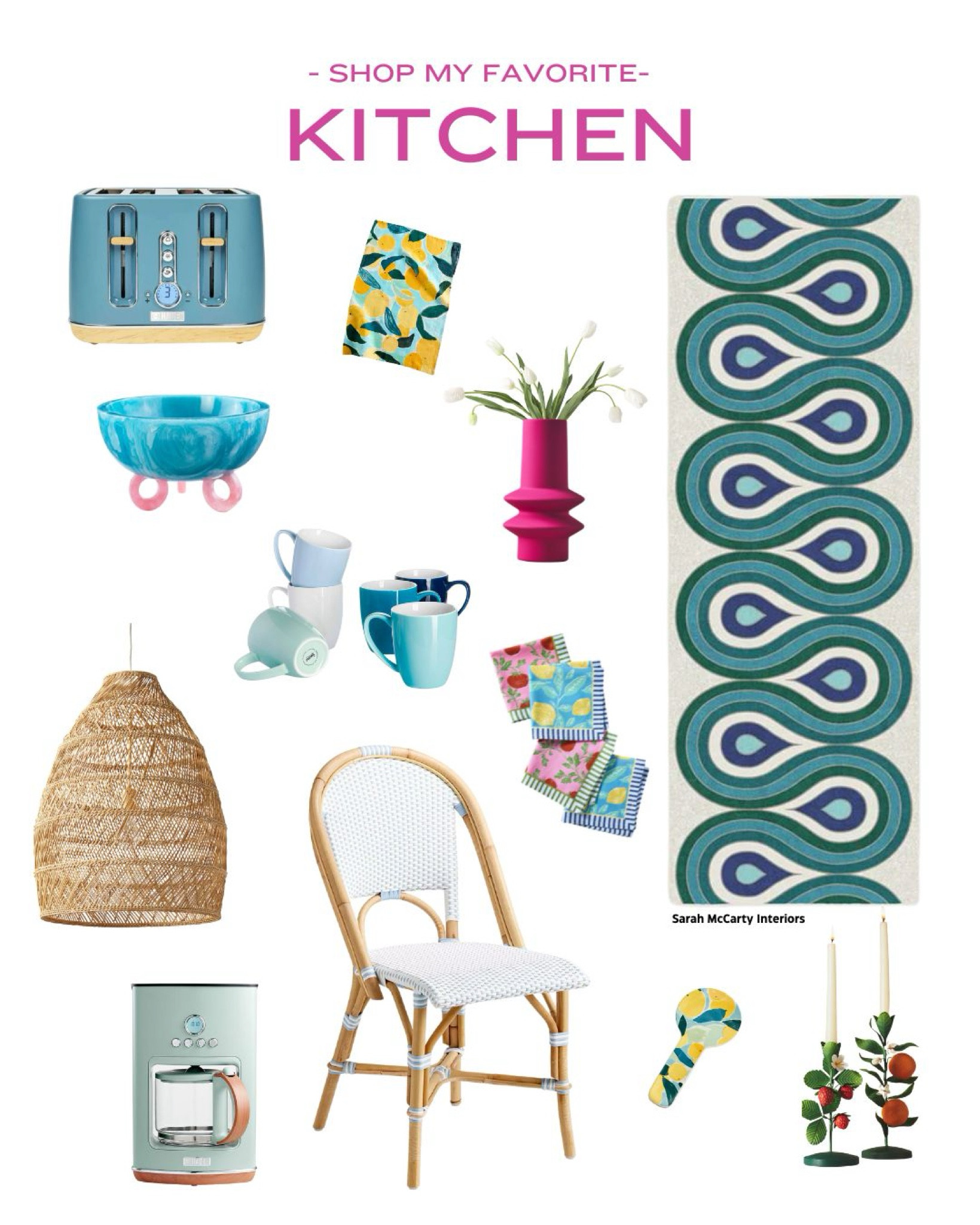 Favorite kitchen finds! 💚💙🩵 Colorful kitchen decor, runner, pendant light, toaster, coffee maker, candle sticks, mugs, towels, vase, spoon rest, citrus, dining chair 

#LTKStyleTip #LTKHome