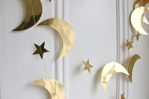 Gold Metallic Star and Crescent Moons Garland | Gold Star Party Banner | Celestial Halloween | We... | Etsy (US)