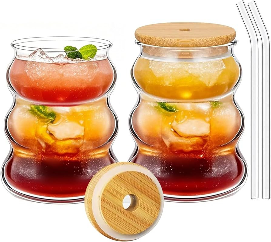 2Pcs 500ml Ribbed Glass Cups with Bamboo Lids and Straws, Tumblers Iced Coffee Glasses, Clear Dri... | Amazon (UK)