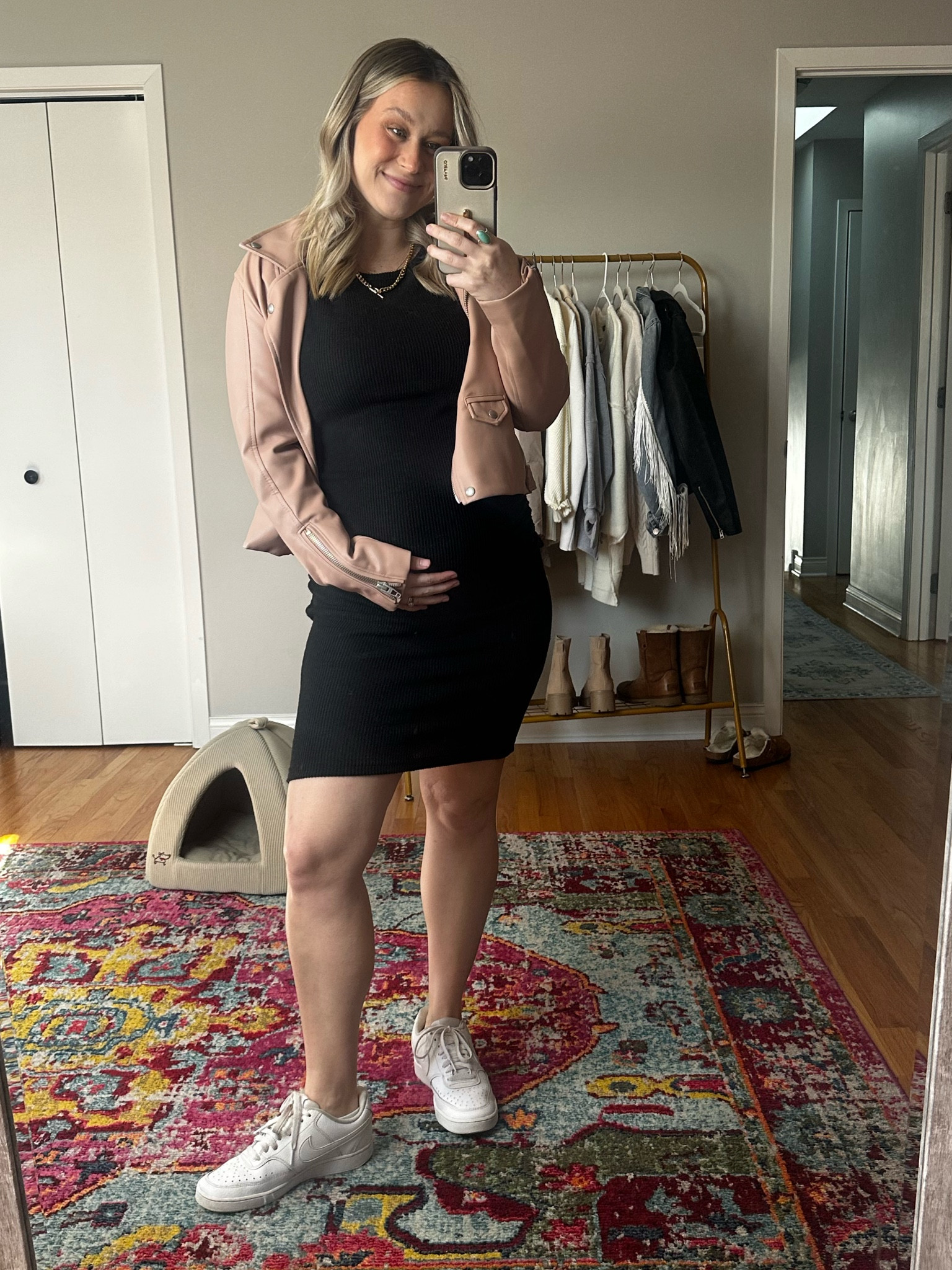 Today’s outfit / dress is maternity, wearing a size medium in this dress and faux pink leather jacket. All of my jewelry is amazon #maternity 

#LTKsalealert #LTKbump #LTKshoecrush