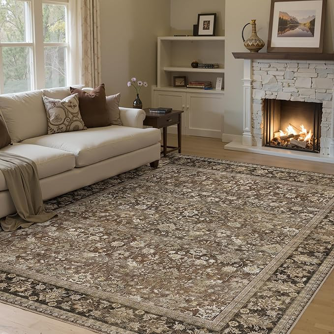 HUGEAR 5x7 Machine Washable Rugs Brown Hallway Area Rug Indoor Accent Rug Floral Low Pile Carpet ... | Amazon (US)