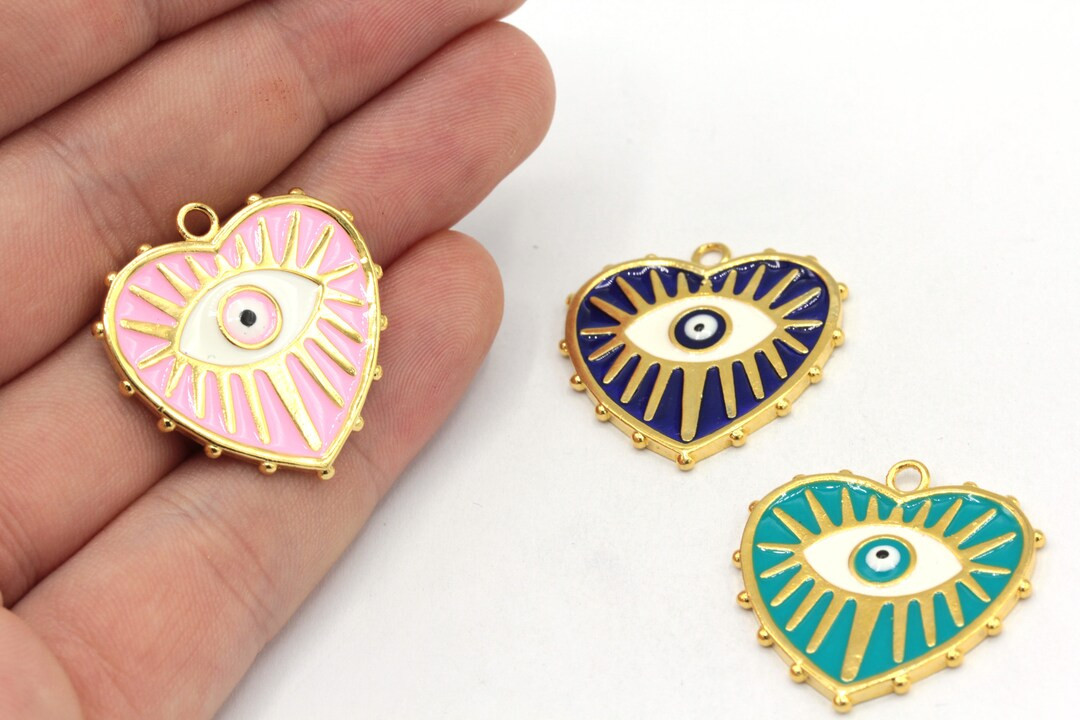 26mm 24k Shiny Gold Heart Charm, Heart Medallion Charm, Evil Eye Enamel Charm, Heart Evil Eye Cha... | Etsy (US)