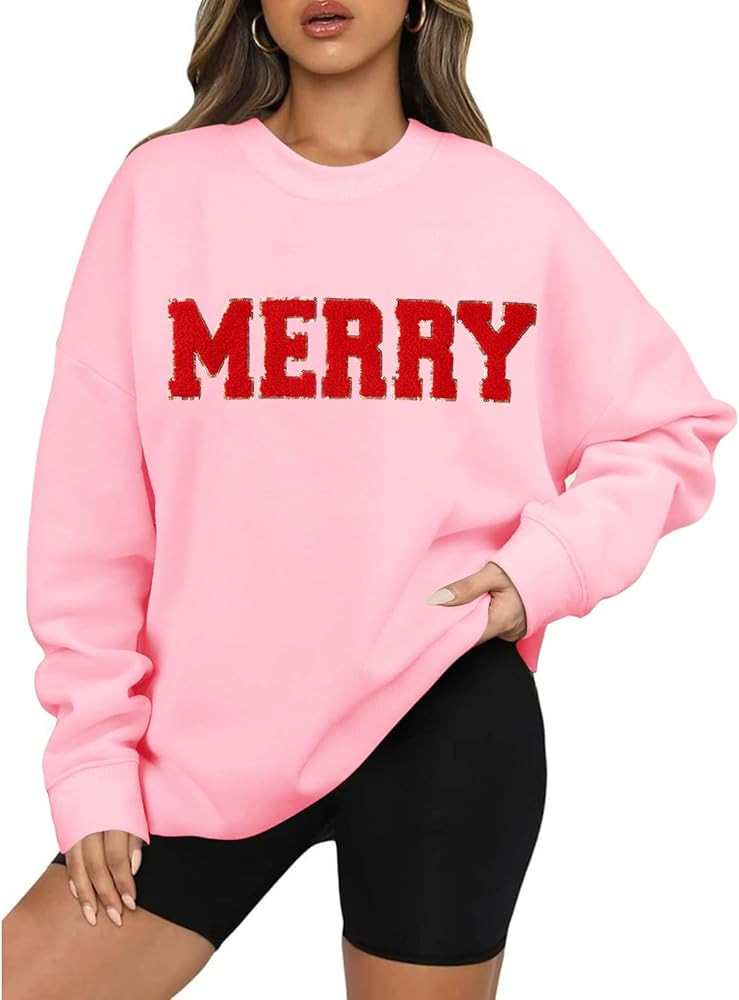 BOUTIKOME Merry Christmas Sweatshirts for Women Glitter Patch Merry Letter Shirts Chenille Patch ... | Amazon (US)
