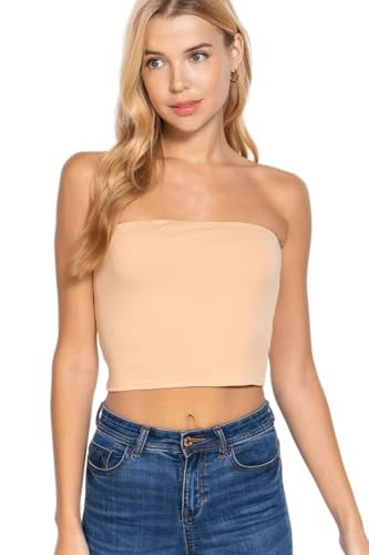 Women's Cotton Tube Crop Sexy Y2K Basic Solid Casual Strapless Cute Tops Seamless Stretchy Bandeau Summer Outfits Peach - M | Amazon (US)