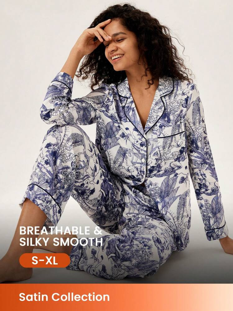 LUVLETTE Retro Floral Satin Long Women Pajama Sets Lounge Sets | SHEIN