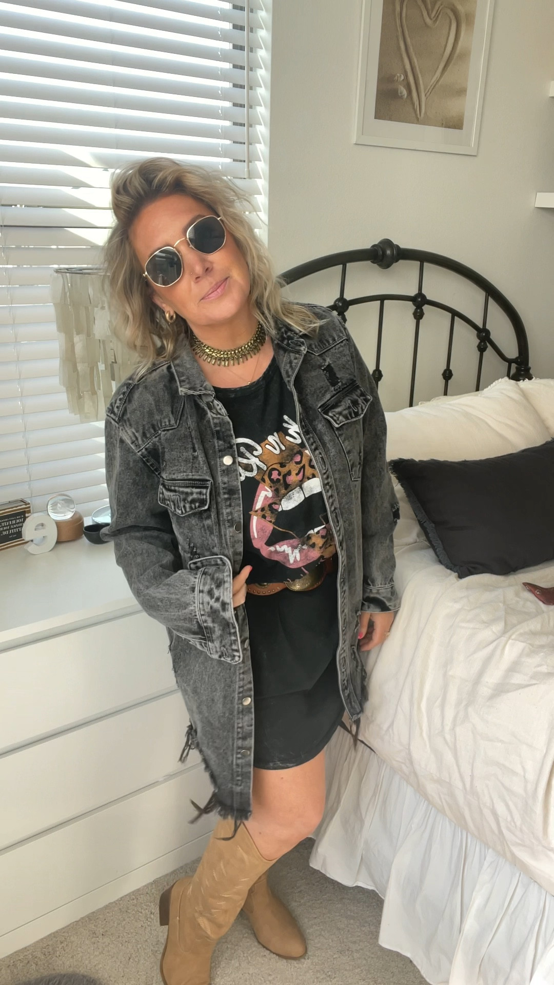 This T-shirt dress is restocked!! After a year!!! Super excited! I’m in a small and it’s pretty generous sizing! One of my favorite online boutiques, they have awesome pieces! My boots and sunnies still in stock! 
Linked similar in jacket and belt! 

#LTKfindsunder50 #LTKstyletip #LTKover40
