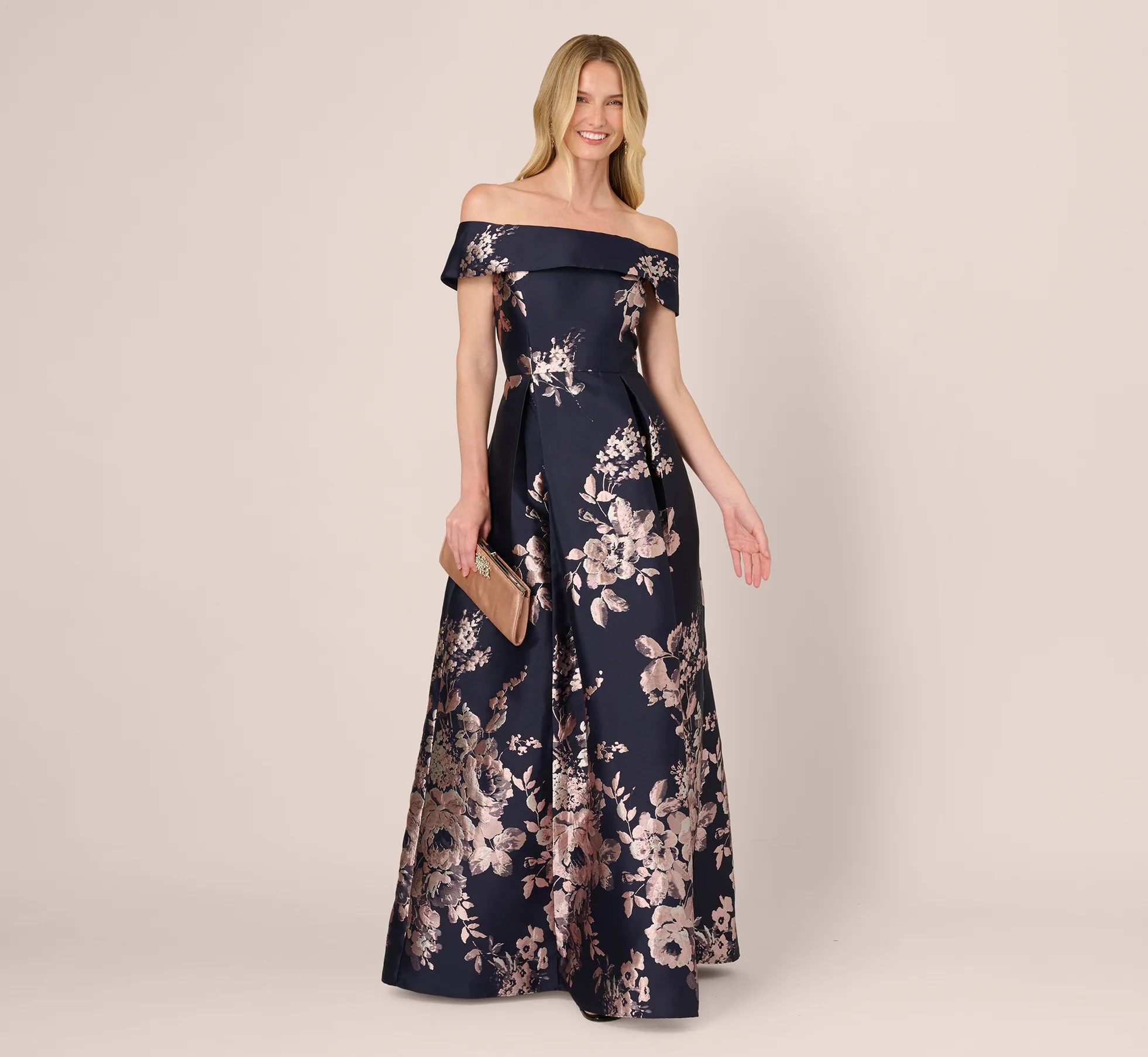 Off Shoulder Metallic Floral Jacquard Gown In Navy Blush | Adrianna Papell