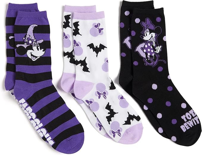 Disney Women's Minnie Mouse Halloween 3 Pack Crew, Assorted Purple, Fits Sock Size 9-11 Fits Shoe... | Amazon (US)