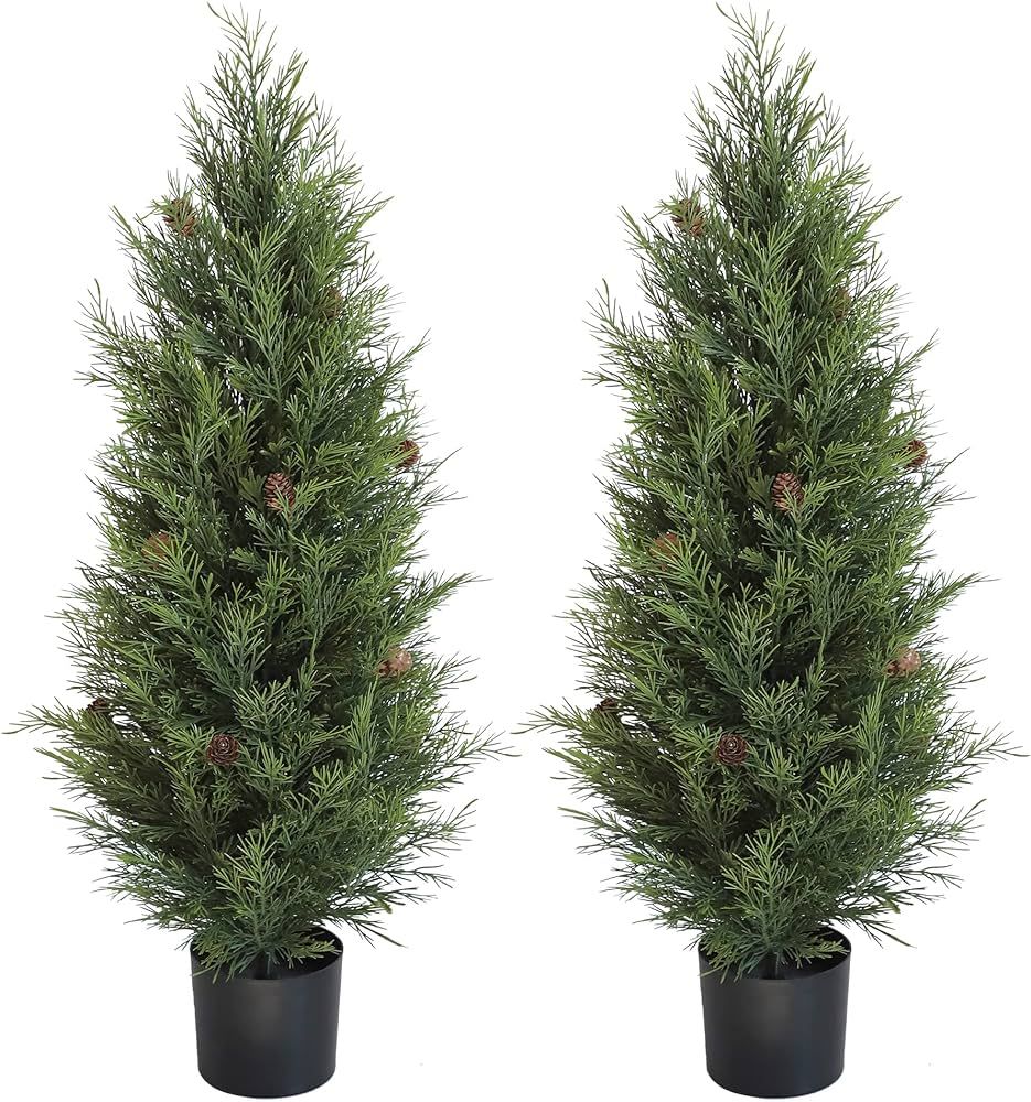 UV Resistant 3ft Artificial Cedar Topiary Trees Faux Cedar Bush with Pine Cone Indoor&Outdoor use... | Amazon (US)