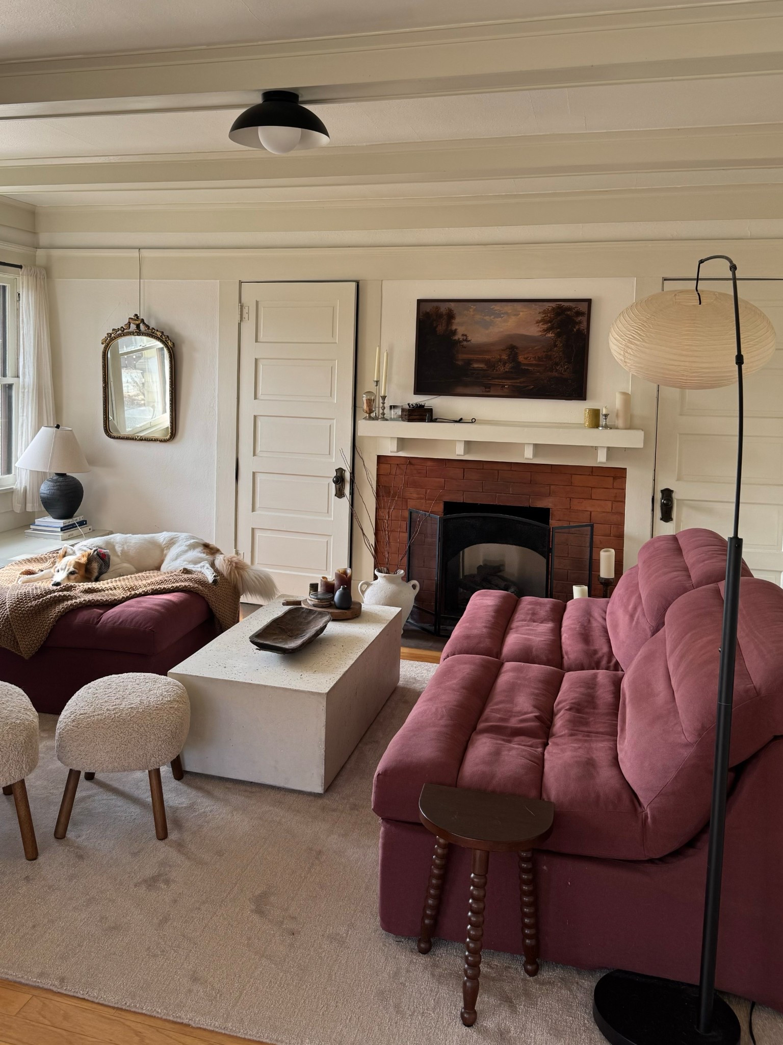 Linking as much home decor things as I can, I lot is sold out!

Couch is SixPenny in shade Summer Plum
coffee table is CB2, but I don’t recommend
Art is actually the frame TV 
Mirror is thrifted and vintage  

#LTKSeasonal #LTKHome