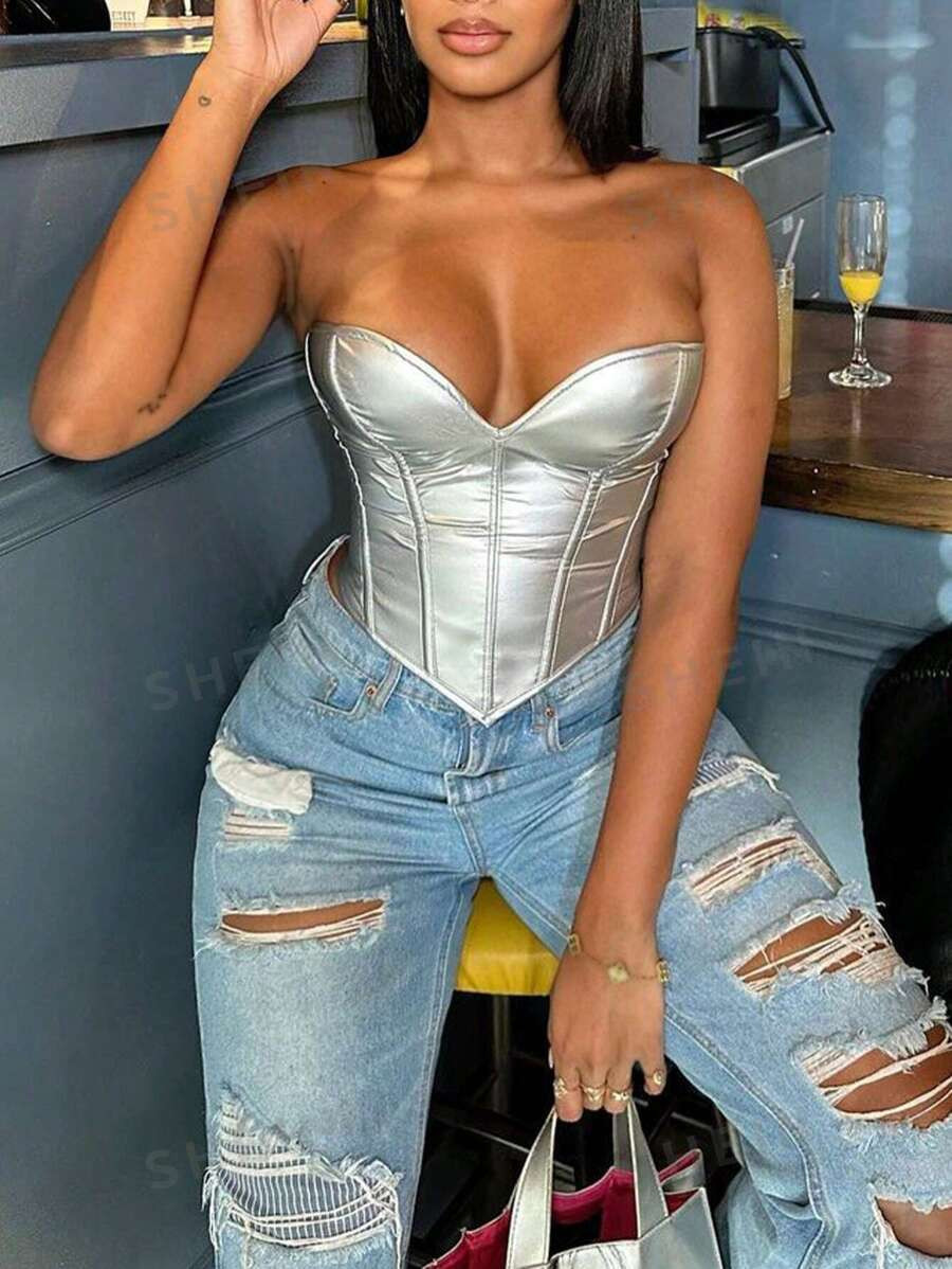 Apperloth A Gothic Metallic Lace Up Back Hanky Hem PU Leather Underbust Corset Top | SHEIN