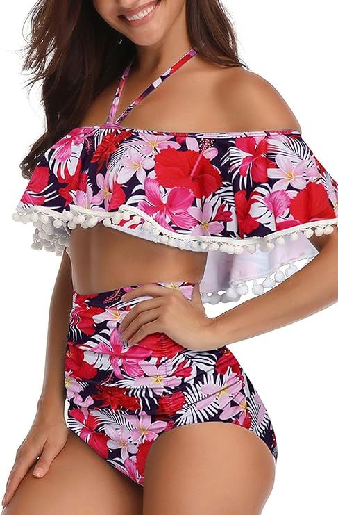 Heat Move Women High Waisted Retro Flounce Off Shoulder Two Piece Swimsuit | Amazon (US)